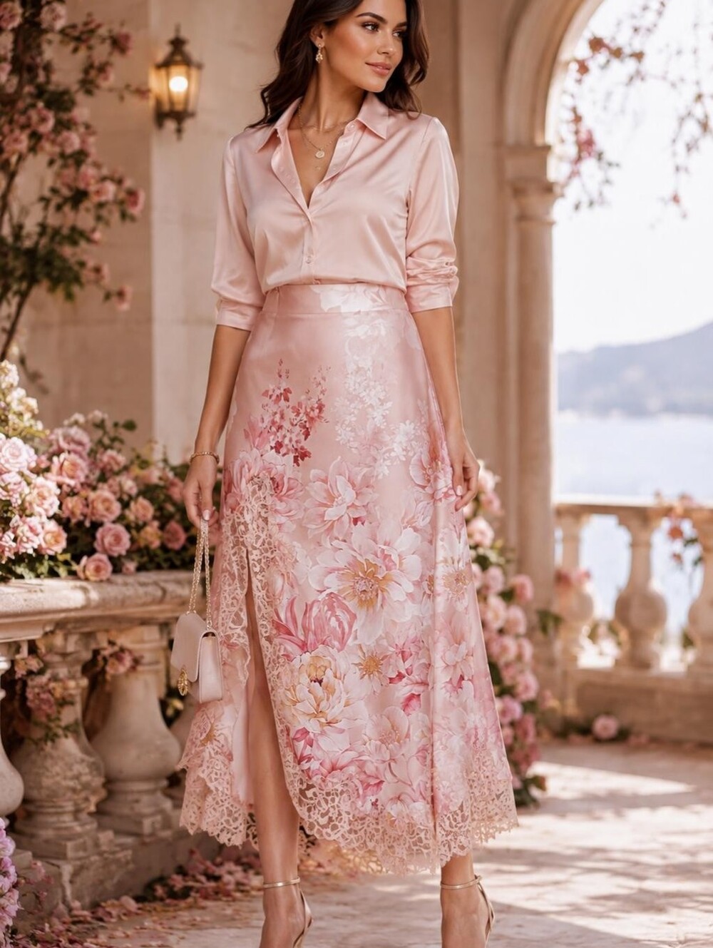 G 16 Satin Alike Elegant Pink Floral With Lace Trim Midi Skirt
